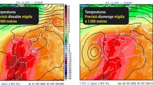 Mapes de temperatura a 850 hPa (uns 1500 m d’altitud, a la dreta) previstos pel model ECMWF (Centre Europeu de Predicció) per dissabte al migdia (esquerra) i per diumenge al migdia (dreta)