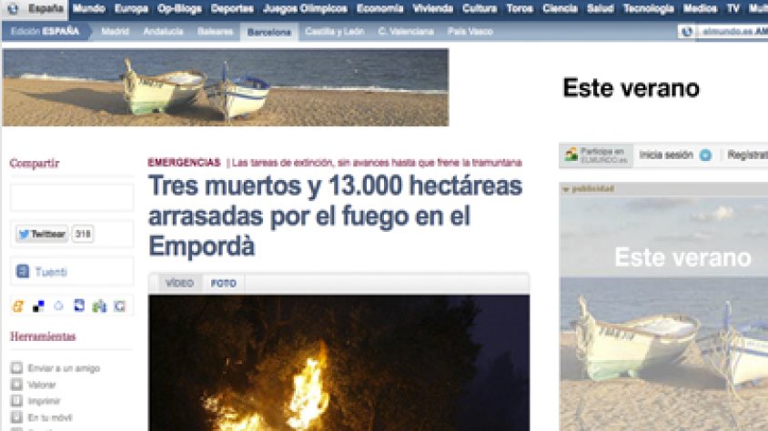 Portada d'El Mundo del dia de l'incendi en la seva versió digital