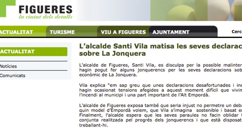 Captura de pantalla del comunicat a la web de l'Ajuntament de Figueres