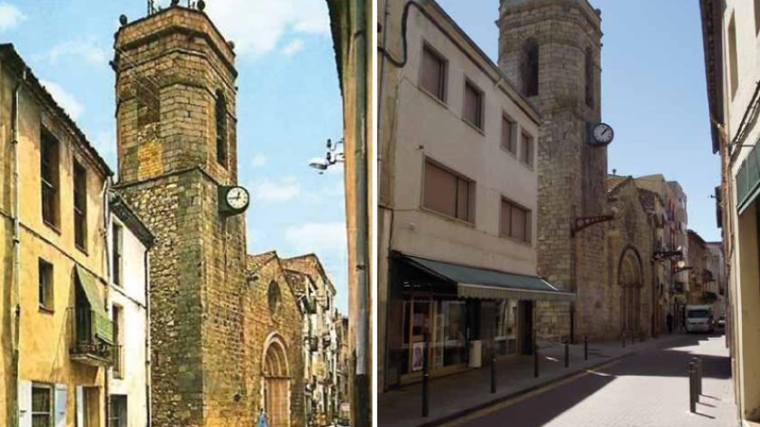 Església Parroquial i carrer Major, en una postal dels anys 60 i una imatge actual