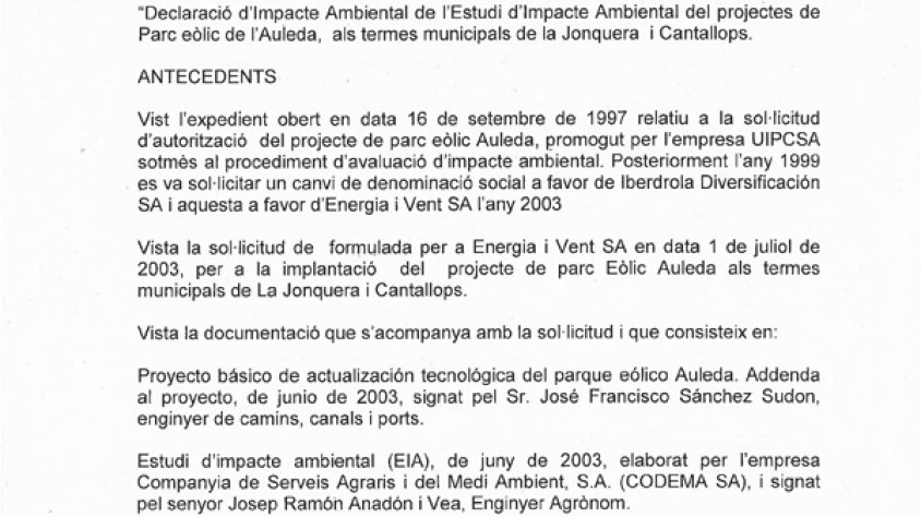 Publicat al DOGC, dos anys després, la resolució on es desestima el parc eòlic de l’Auleda.