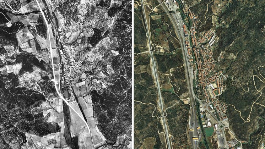 La Jonquera aèria amb 60 anys de diferència: a l'esquerra una imatge de 1955, ia la dreta de 2014