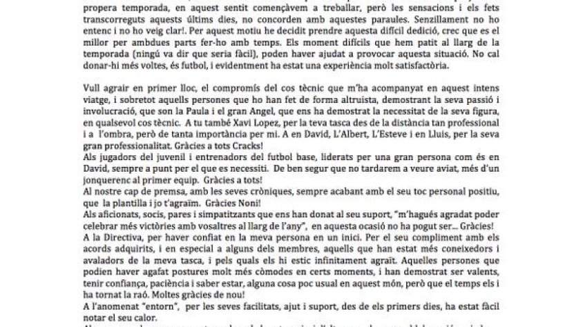 Carta de comiat de Xavi Agustí publicada aquest matí i difosa via xarxes socials