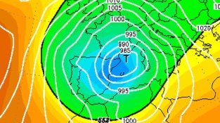 Mapa isobàric del dia 31 de gener de 1986 a les 01 h. GFS (WETTERZENTRALE)