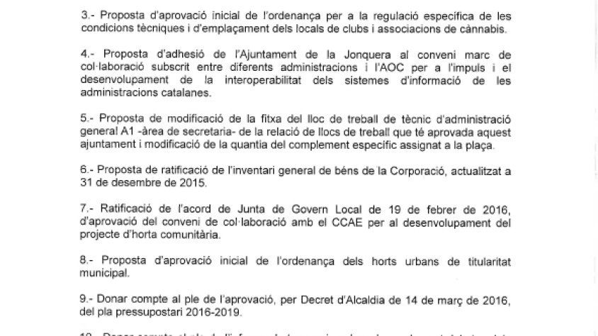 Convocatòria del Ple municipal d'aquest dijous 31 de març de 2016