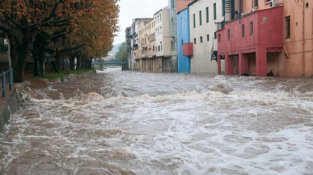 Típica imatge del Llobregat a la Jonquera en un aiguat de tardor, amb els arbres encara sense perdre la fulla