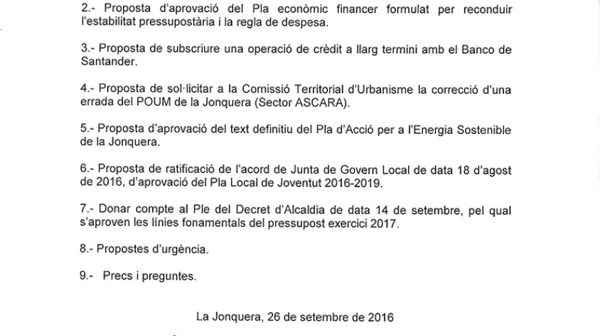 Ple municipal de setembre aquest proper dijous. Adjuntem full escanejat de la convocatòria ja que no ens és possible copiar el text.