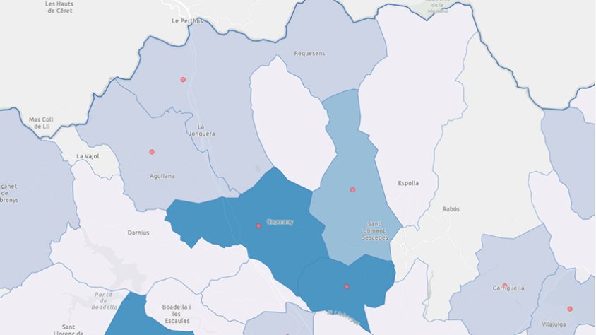 El mapa indica el percentatge d'afectació, poble a poble
