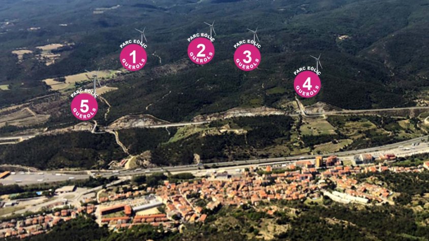 Simulació aproximada d'ubicació dels aerogeneradors o molins de vent del parc eòlic Querols.