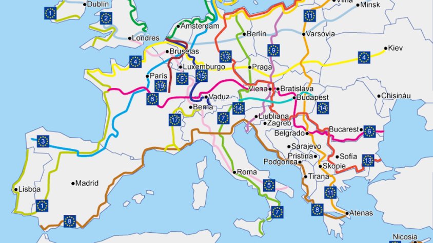 Mapa de tota la xarxa Eurovelo, amb la 8 marcada marró (cliqueu per ampliar)