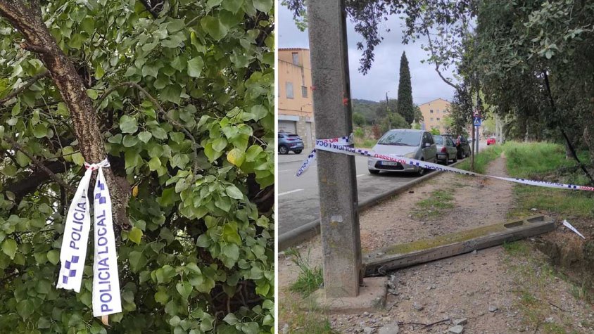 Un pal de llum caigut fa més d’una setmana continua a la vorera del carrer Pau Casals